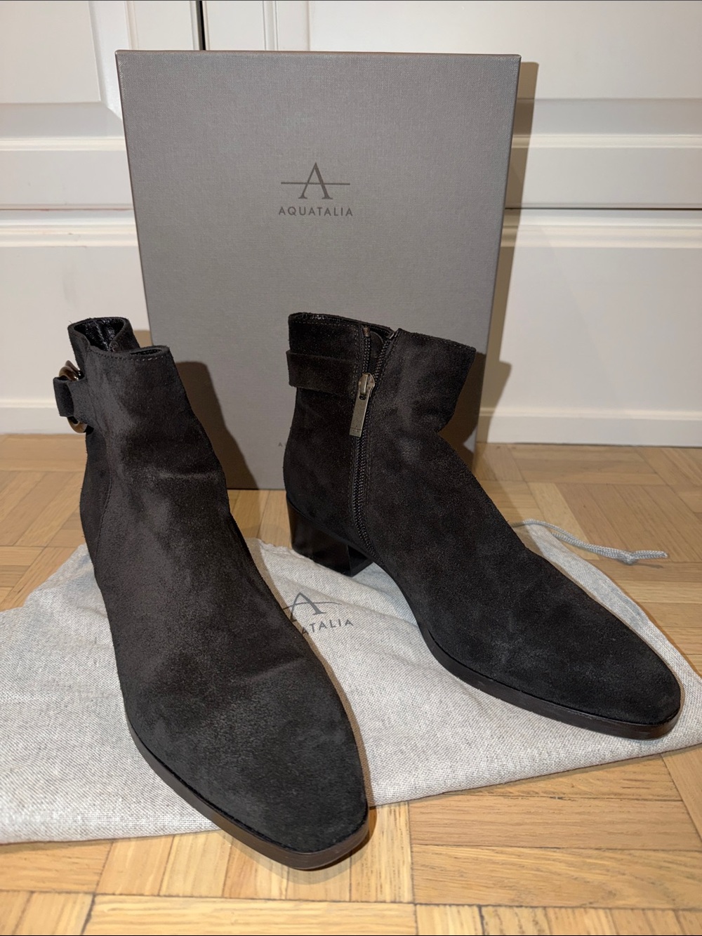 Used - Women’s Aquatalia Black Faria Suede Ankle Boots w/ Side Zip - 9M